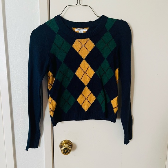 American Eagle Outfitters Sweaters - American Eagle Outfitters Navy Crewneck Sweater with Green & Gold Argyle